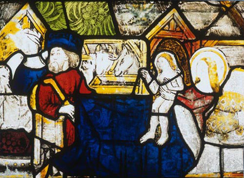 Nativity, detail of fifteenth century North East window, Church of St James the Great, St Kew, Cornwall, England