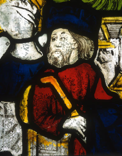 Joseph, detail of fifteenth century North East window, Church of St James the Great, St Kew, Cornwall, England