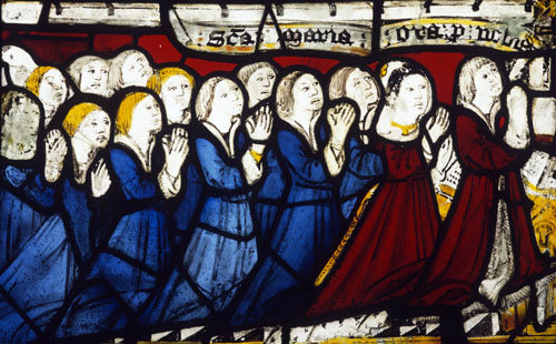 Donor with his wife and twelve children, fifteenth century, Church of St James the Great, St Kew, Cornwall, England
