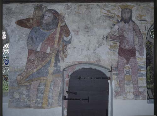 St Christopher and Christ of the Trades, 15th century wall painting, north wall of St Breacas Church, Breage, Cornwall, England, Great Britain