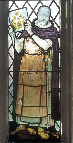 B. James, patron of glaziers, window above exit to refectory, Exeter Cathedral, Devon, England