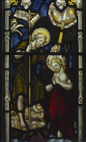 Baptism of Christ, east window, 19th century stained glass, Chapel of St Mary, Stepleton House, Iwerne Stepleton, Dorset, England, Great Britain