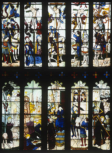 England, Fairford, Gloucestershire,  Church of St Mary window 5 circa 1500,  the Passion  window detail of 10 panels