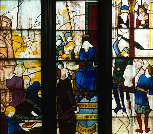 Agony in the garden, Pilate washing his hands, scourging of Christ, window 5, circa 1500, Church of St Mary, Fairford, Gloucestershire, England