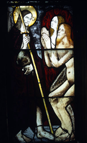 Christ rescuing Adam and Eve from hell, detail of wndow 6, circa 1500, Church of St Mary, Fairford, Gloucestershire, England