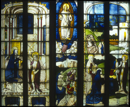 Risen Christ visiting Mary, Transfiguration, Three Maries at the empty tomb, window 7, circa 1500, Church of St Mary, Fairford, Gloucestershire, England