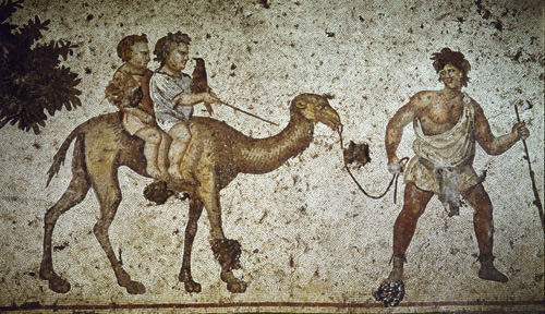 Two children riding on a camel, 5th century Byzantine mosaic, Great Palace Mosaic Museum, Istanbul, Turkey