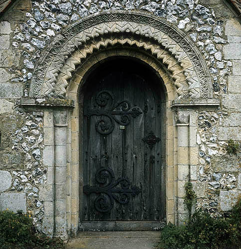 Church of St Mary Magdalene, twelfth century Norman door, Tortington, Sussex, England