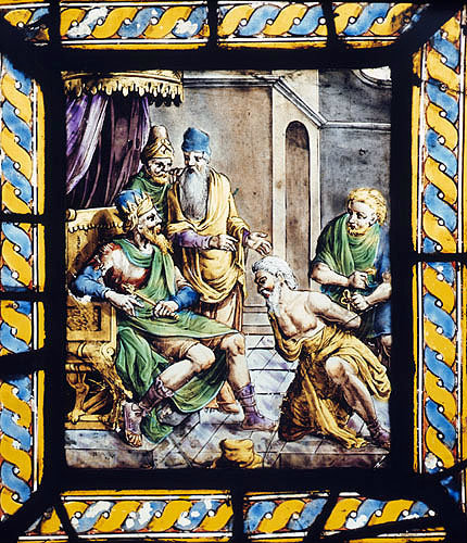 The Butler brought before Pharaoh, seventeenth century panel no. 5, Wells Cathedral, Somerset, England