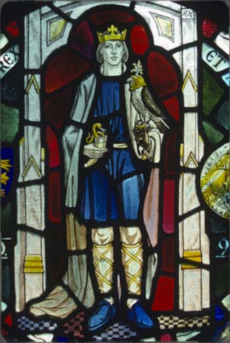 St Edward the Martyr, King of England circa 962-978, stained glass roundel 1970, Shaftesbury Abbey Museum, Shaftesbury, Dorset, England, Great Britain
