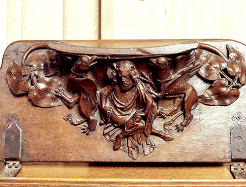 Misericord in Wells Cathedral, Somerset,  the flight of of Alexander, circa 1330-40 AD