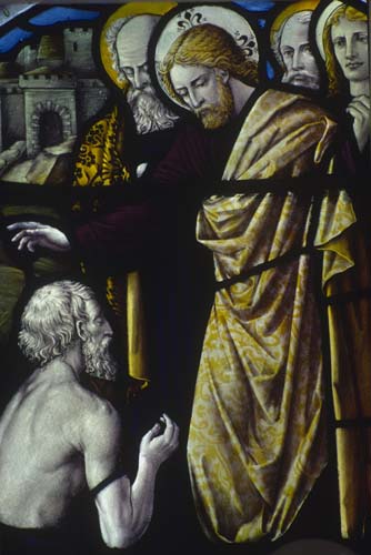 Christ heals a blind man at Bethsaida, 19th century stained glass, Lancaster Infirmary, Lancashire, England, Great Britain