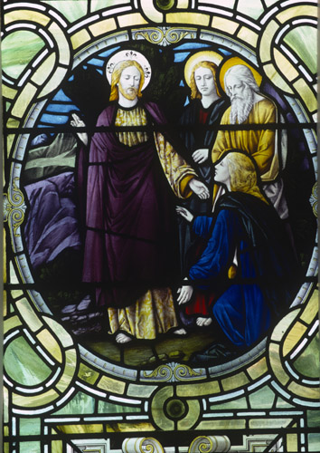 Woman with issue of blood healed by touching Christs garment,19th century stained glass, Lancaster Infirmary, Lancashire, England, Great Britain