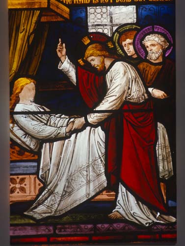 Christ raising the daughter of Jairus, 19th century stained glass, Church of St Mary, Chesham, Buckinghamshire, England, Great Britain