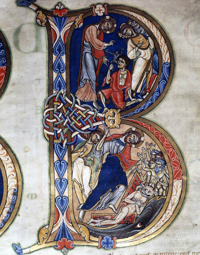 Christ casting out devils, top and the Harrowing of Hell, bottom, 12th century illuminations from the Winchester Bible, Winchester Cathedral Library, England