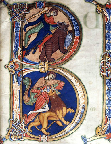 David and the bear, top, and David and the lion, bottom, 12th century illuminations from the Winchester Bible, Winchester Cathedral Library, England