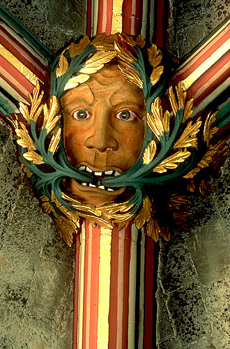 Green Man boss, 14th century, (repainted) Lady Chapel, Exeter Cathedral, Devon, England