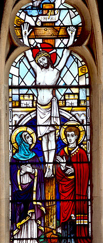 Crucifixion, detail, east window, Lady Chapel, twentieth century, Marion Grant, Exeter Cathedral, Devon, England