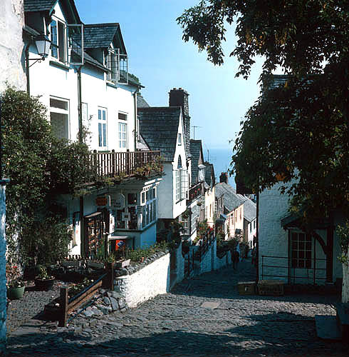 Main cobbled street, detail, Clovelly harbour village, Devon, England