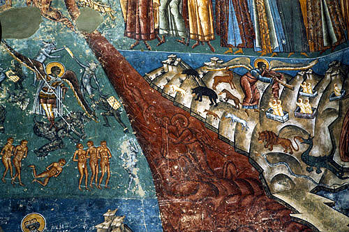 Romania, Bukovina, Voronet Church Monastery, Last Judgement painting on west exterior wall  16th century,  animals with prey and river of blood
