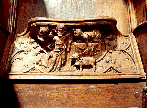 Misericord in Gloucester Cathedral, Gloucestershire, the sacrifice of Isaac