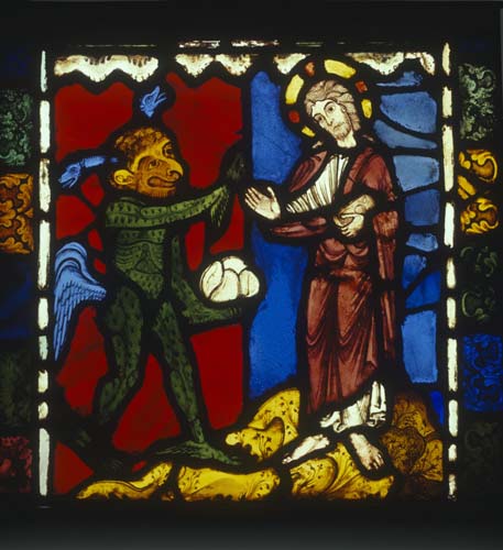 First temptation of Christ, stones to loaves, stained glass panel 1223 from Troyes Cathedral, France, now in Victoria and Albert Museum, London, England