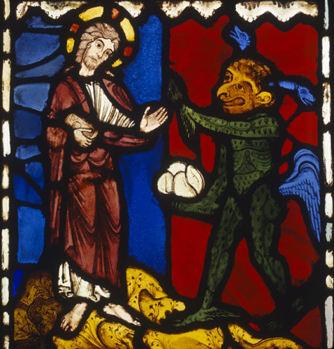 First temptation of Christ by the Devil, stained glass 1223, from Troyes Cathedral France, now no. 107-1919 the Victoria and Albert Museum, London, England, Great Britain
