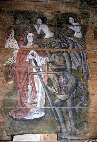 England, Wenhaston, Suffolk, St Peters Church, weighing of souls, St Michael and the Devil, doom painting on panel 1520