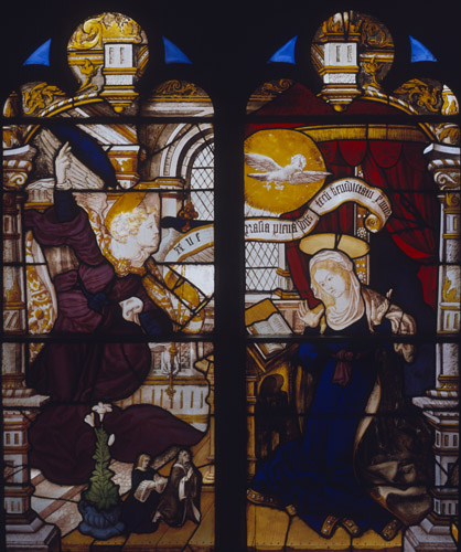 Annunciation, 16th century Netherlandish stained glass panel in the Victoria and Albert Museum, London, England, Great Britain