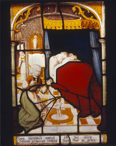 Birth of St Nicholas, 16th century Netherlandish stained glass panel, Victoria and Albert Museum, London, England, Great Britain