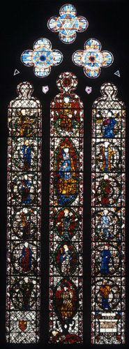 York Minster, Jesse Tree Window in the south aisle of the nave, 14th century stained glass except for the tracery by Peckitt from 1782