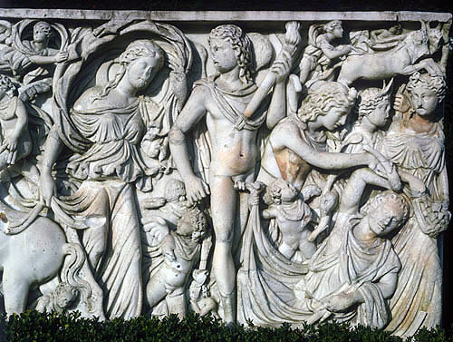 Detail of sculpted relief on third century marble Roman sarcophagus, bought in Rome by Lord Astor, Cliveden House, Buckinghamshire, England