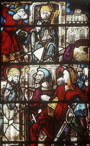 The rich jew and the robbers, detail from Miracles of St Nicholas, sixteenth century, All Saints Church,  Hillesden, Buckinghamshire, England