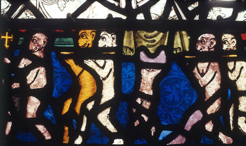 York Minster panel of the Monkeys Funeral  14th century stained glass