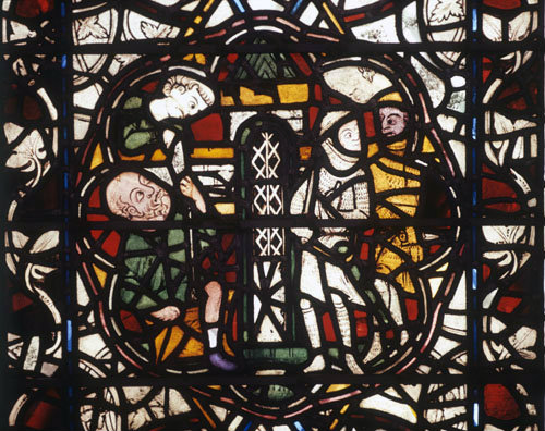 York Minster detail from the St Paul Window in the Chapter House St Paul being lowered in a basket escaping from Damascus