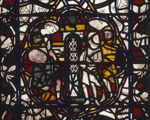 St Paul being lowered in the basket, 14th century stained glass panel, Chapter House, York Minster, Yorkshire, England, Great Britain