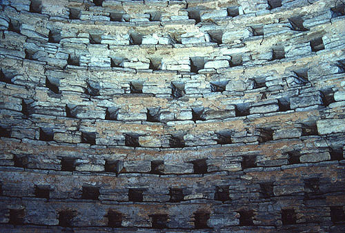 Roosting niches in stone dovecot, or dovecote, originally used for keeping pigeons for meat, Minster Lovell, Oxfordshire, England
