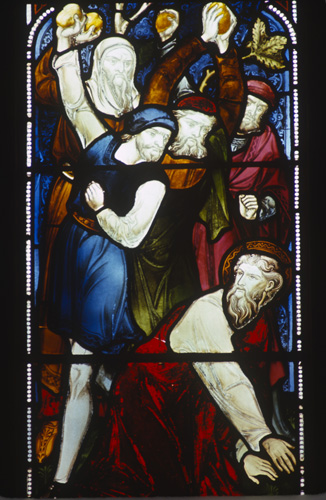 Stoning of Saint Paul at Lystra, 19th century stained glass, Norwich Cathedral, Norfolk, England, Great Britain