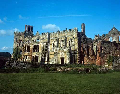 Cowdray House, ruined Tudor house, sixteenth century south west aspect of inner mansion, Midhurst, Sussex, England