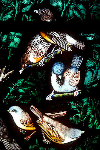 Whinchats, Sparrow and Whitethroats, Gilbert White Memorial Window of St Francis and the birds, Gascoyne and Hinks 1920, St Mary