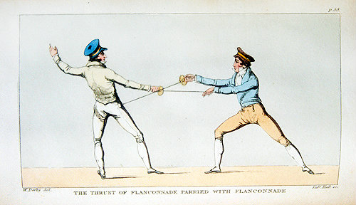 Modern Art of Fencing, by le Sieur Guzman Rolando, London 1882, thrust of falconnade parried with falconnade