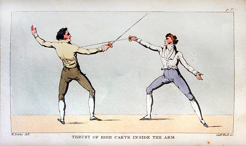 Modern Art of Fencing, by le Sieur Guzman Rolando, London, 1822, thrust of high carte inside arm