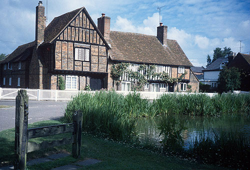 Village stocks and pond, Albury Village, Hertfordshire, England