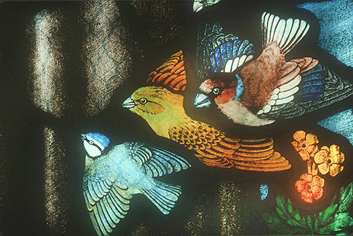 Hawfinch, yellow hammer and bluetit, detail from the Gilbert White memorial window, St Mary