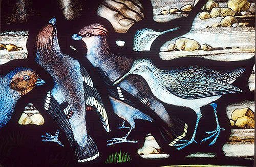 Common Sandpiper and Waxwing, Gilbert White Memorial Window of St Francis and the birds, Gascoyne and Hinks 1920, St Mary