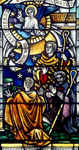 Shepherds, detail from east window of Lady Chapel, twentieth century, Marion Grant, Exeter Cathedral, Devon, England