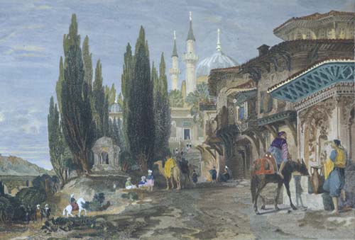 Emir Sultan Mosque at Bursa, engraving 1840  by Thomas Allom, hand coloured by Laura Lushington