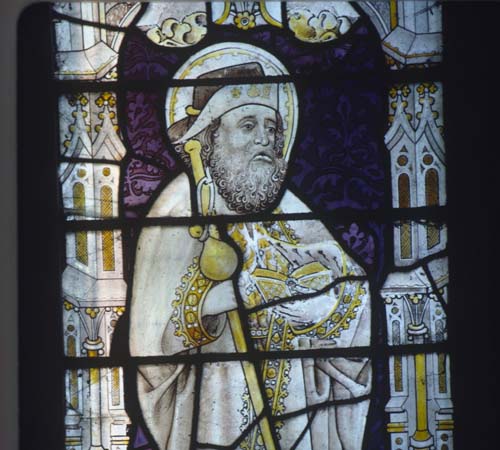 St James the Great, 15th century stained glass panel, Church of St Mary, Stowting, Kent, England, Great Britain