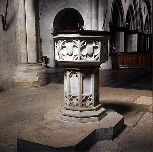 Priory Church of St Mary and St Blaise, fourteenth century font, Boxford, West Sussex, England
