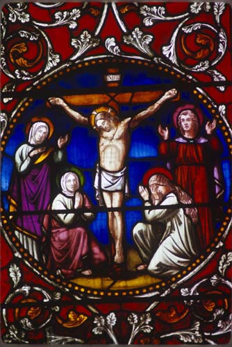 Crucifixion, 19th century stained glass, Lincoln Cathedral, Lincolnshire, England, Great Britain